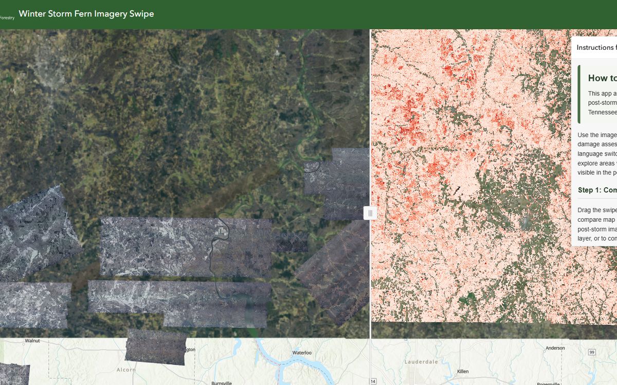 Winter Storm Fern Imagery Swipe app comparing pre-storm and post-storm imagery